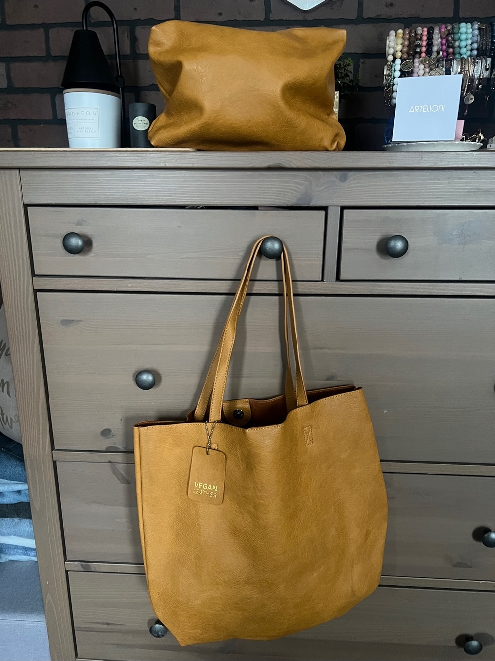 Vegan Leather Tote Bag with matching pouch- Mustard
